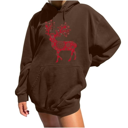 

Hooded Sweatshirt for Women Oversized Xmas Round Neck Pullover Sweater Casual Tunic Pocktes Shirt