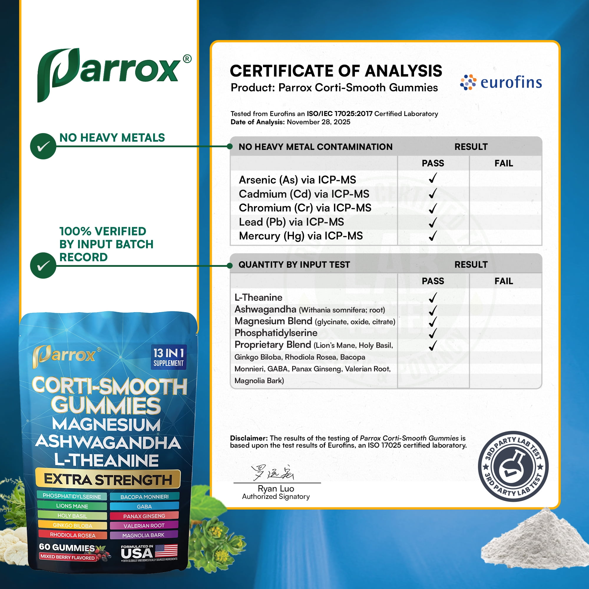 Parrox Corti-Smooth Cortisol Support Gummies with Magnesium, L-Theanine, Ashwagandha, Phosphatidylserine, Bacopa Monnieri, Lions Mane, Ginkgo Biloba, Valerian Root (Mixed Berry Flavor - 3 Pack)