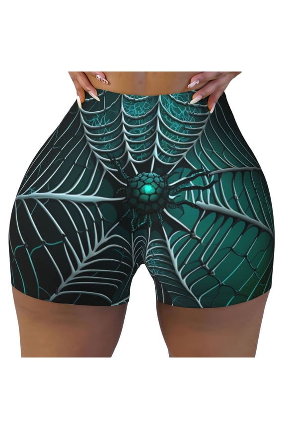 Women Workout Shorts Scrunch Butt Lifting Gym Running Biker Shorts, Spider Web Gothic Art