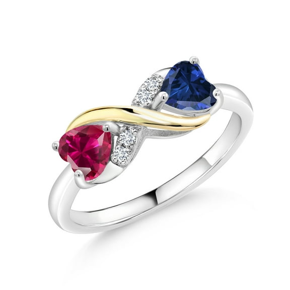 Gem Stone King 925 Sterling Silver and 10K Yellow Gold Red Created Ruby Blue Created Sapphire and Lab Grown Diamond Ring for Women (1.14 Cttw, Available in Size 5, 6, 7, 8, 9)