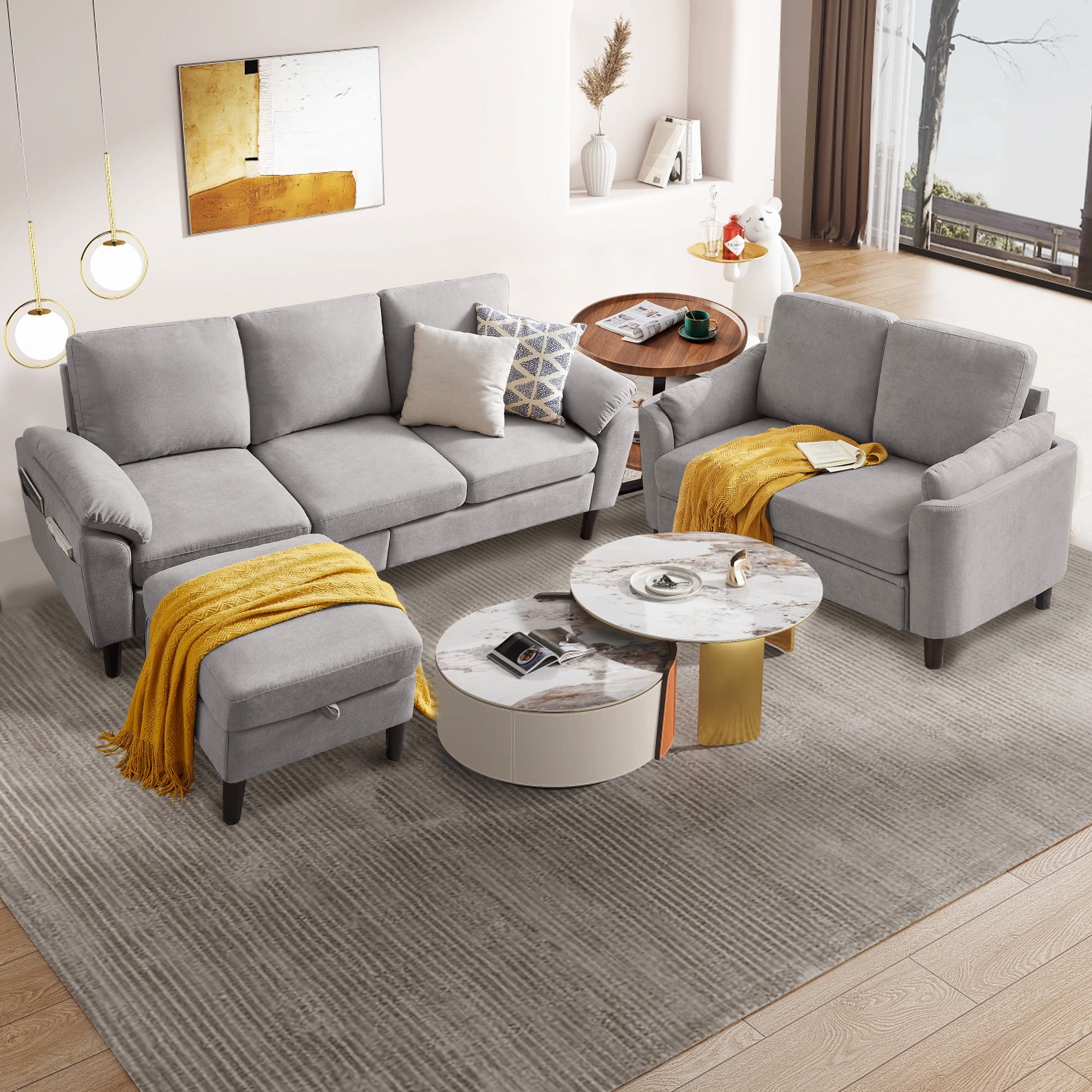 Pingliang Home Sectional Sofa Couch with Storage Ottoman and Loveseat,Modern 5 Seater Sofa Couch Set,L Shaped Couch with Footstool for Living Room Apartment Studio Office,Light Gray