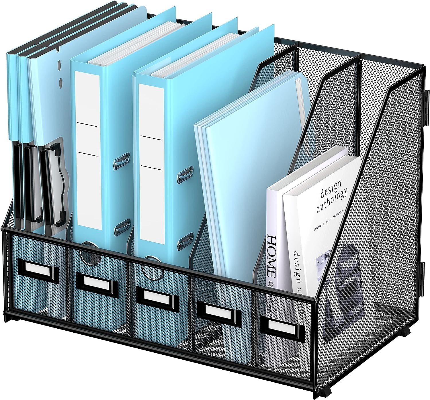 INTIGE Desktop Organizers with 5 Vertical Compartments Rack, File Storage for Office, Home Workspace, Black Plus