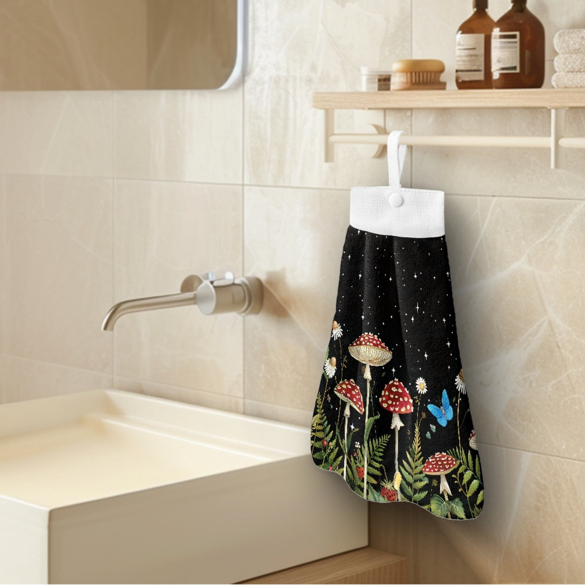SEANATIVE Aesthetic Mushroom Hand Towels with Hanging Loops Floral Bathroom Hand Towel with Hanging Loop Stain Resistant Hanging Tie Towels for Kitchen Fast Drying Hang Towel 3 Piece