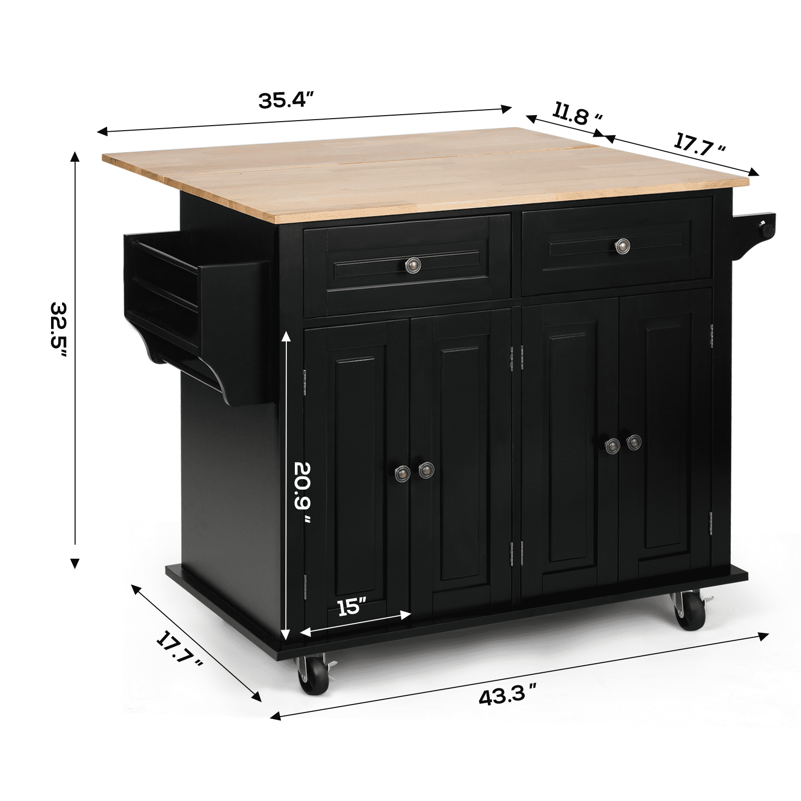 RichYa Rolling Kitchen Islands Cart on Wheels with Storage and Drop Leaf, Microwave Table with Rubber Wood Top, Drawers and Spice & Towel Rack,Black