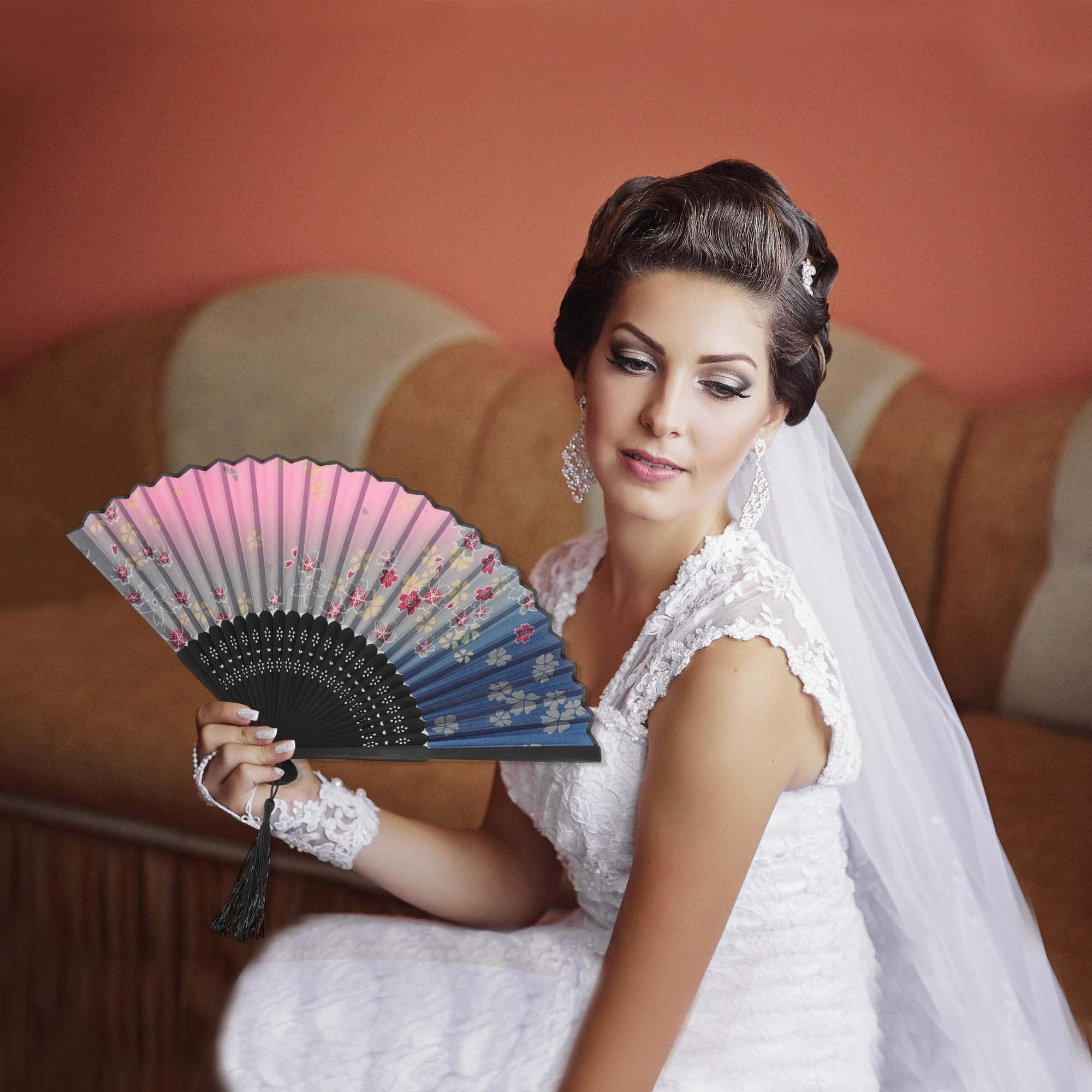 Unique Bargains Ancient Style Folding Fan 1Pc Dark Blue Pink [Lucky Four-Leaf ]