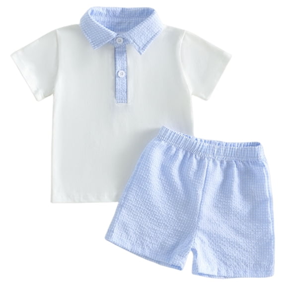 Toddler Baby Boy Summer Clothes Plaid Lapel Short Sleeve T-Shirt Top Shorts Sets Infant Outfit 6 12 18 24 36Months