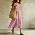 thumbnail image 6 of Ovbmpzd Pleated Summer Dresses for Women Linen Midi Pink Shift Dress Casual Sleeveless Button Down Dresses,M, 6 of 6