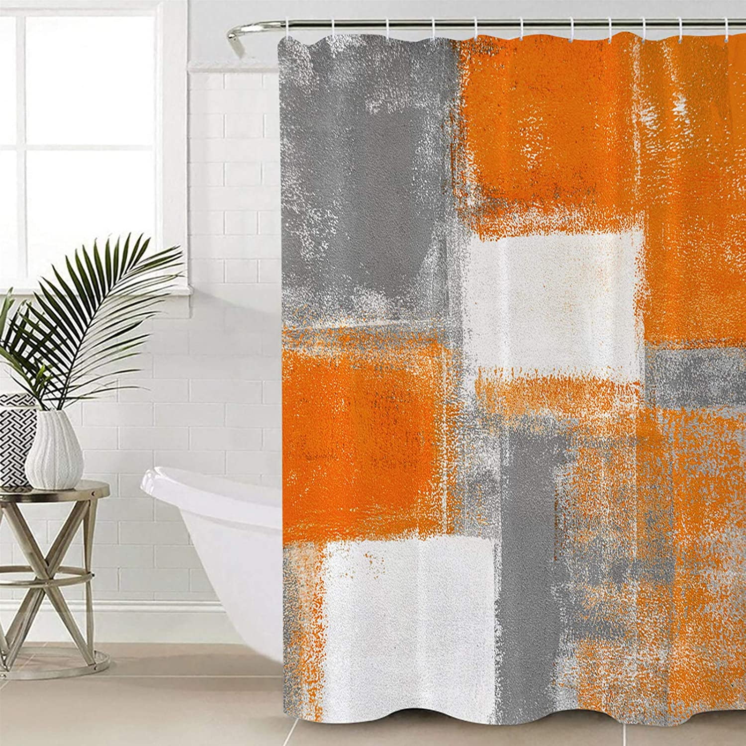 Fabric Shower Curtain for Bathroom, Oil Painting Abstract Art Custom Shower Curtain Set with Hooks, Luxury Bathroom Curtains, Orange Geometric Waterproof Polyester Bathroom Accessories, 36x72inch