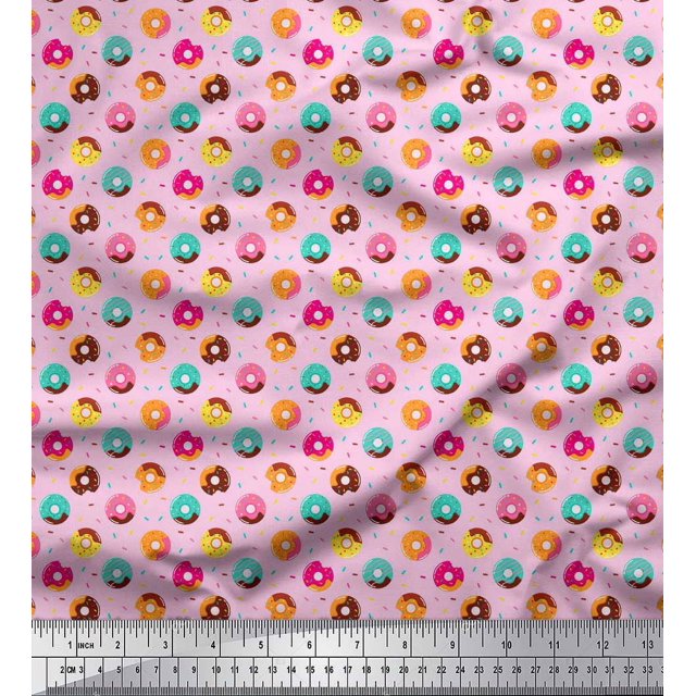Soimoi Pink Georgette Viscose Fabric Donuts Food Printed Fabric 1 Yard 42 Inch Wide