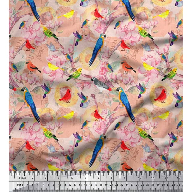 Soimoi Orange polyester Crepe Fabric Floral,Parrot & Hummingbird Bird Print Sewing Fabric BTY 42 Inch Wide