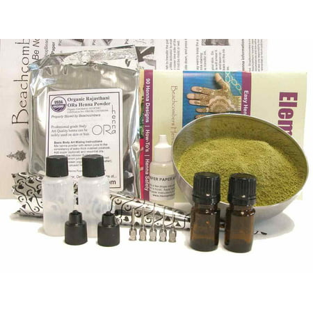 Big Henna Temporary Tattoo Starter Kit Body Art Natural Powder, Tea Tree & Lavender Oil, Applicator Bottles, Mehndi Design Instruction Book, Transfer