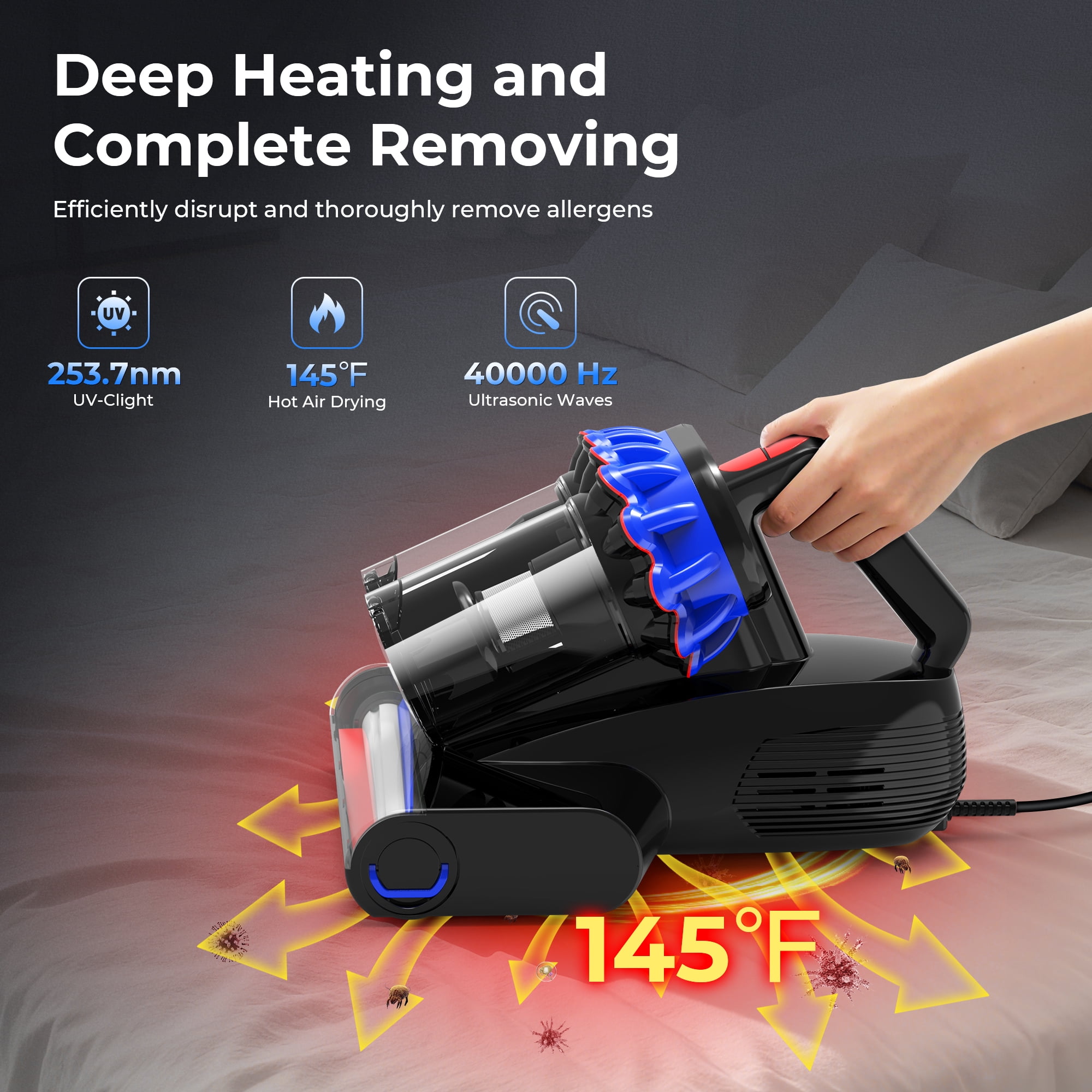 MOOSOO Mattress Vacuum Cleaner with UV Light, 16Kpa Ultrasonic Bed Vacuum with LED Display, Multiple Filtration Handheld Vacuum for Home,Bed,Couch,Pet