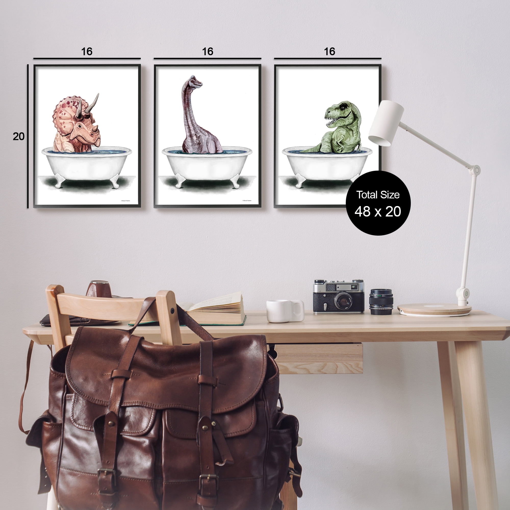 Stupell Fun Dinosaurs Bathroom Tubs Animals & Insects Painting Black Framed Art Print Wall Art, Set of 3