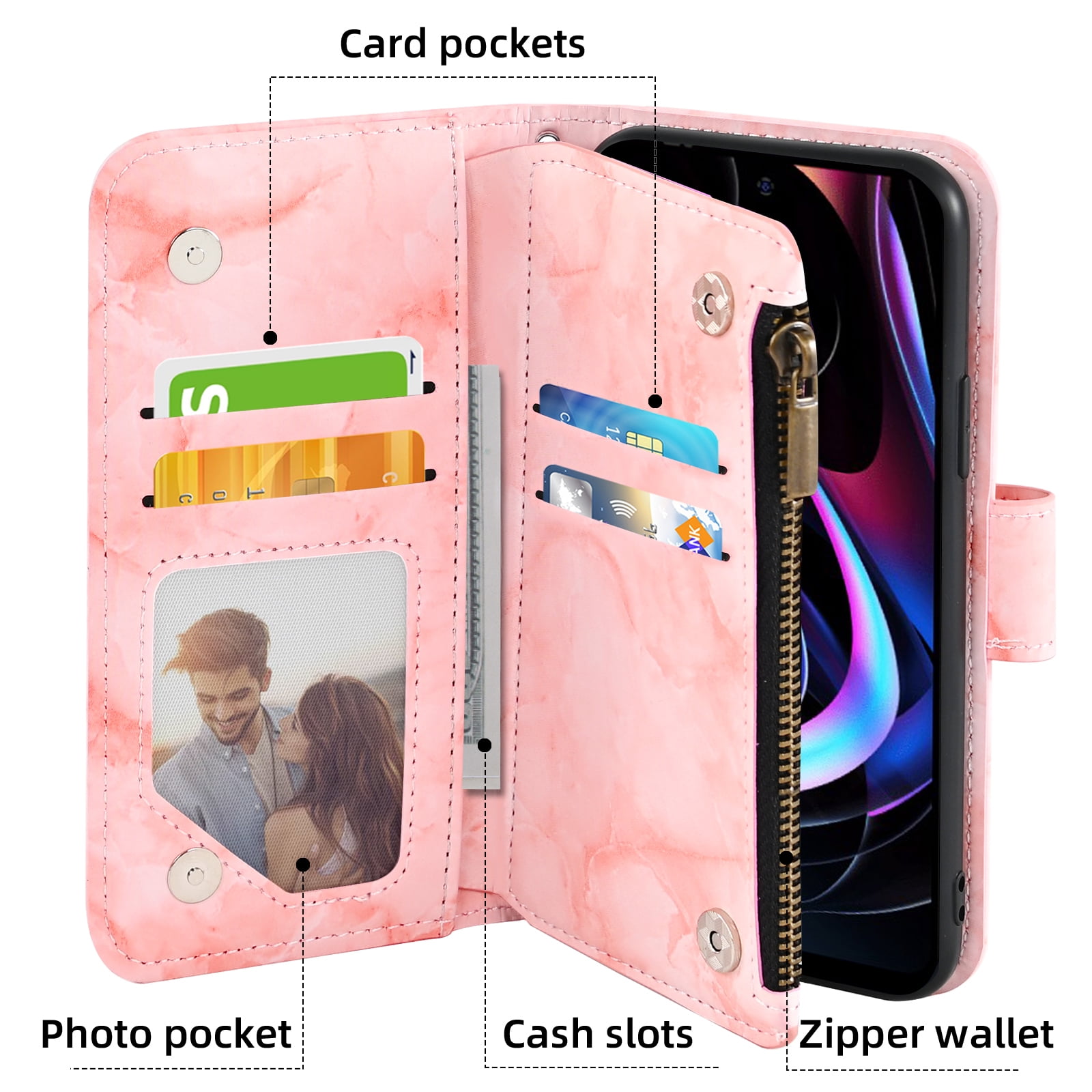 Compatible with Motorola Moto Edge 2021/MotoEdge 5G UW 2021 Wallet Phone Case and Tempered Glass Screen Protector Marble Faux Leather Flip Credit Card Holder Stand Zipper Cell Cover for XT2141-1 Pink