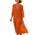 thumbnail image 4 of KHONTS Women's 3/4 Sleeve Summer Maxi Dress Plus Size Casual Linen Flowy Beach V-Neck Dress with Pockets Orange M, 4 of 9