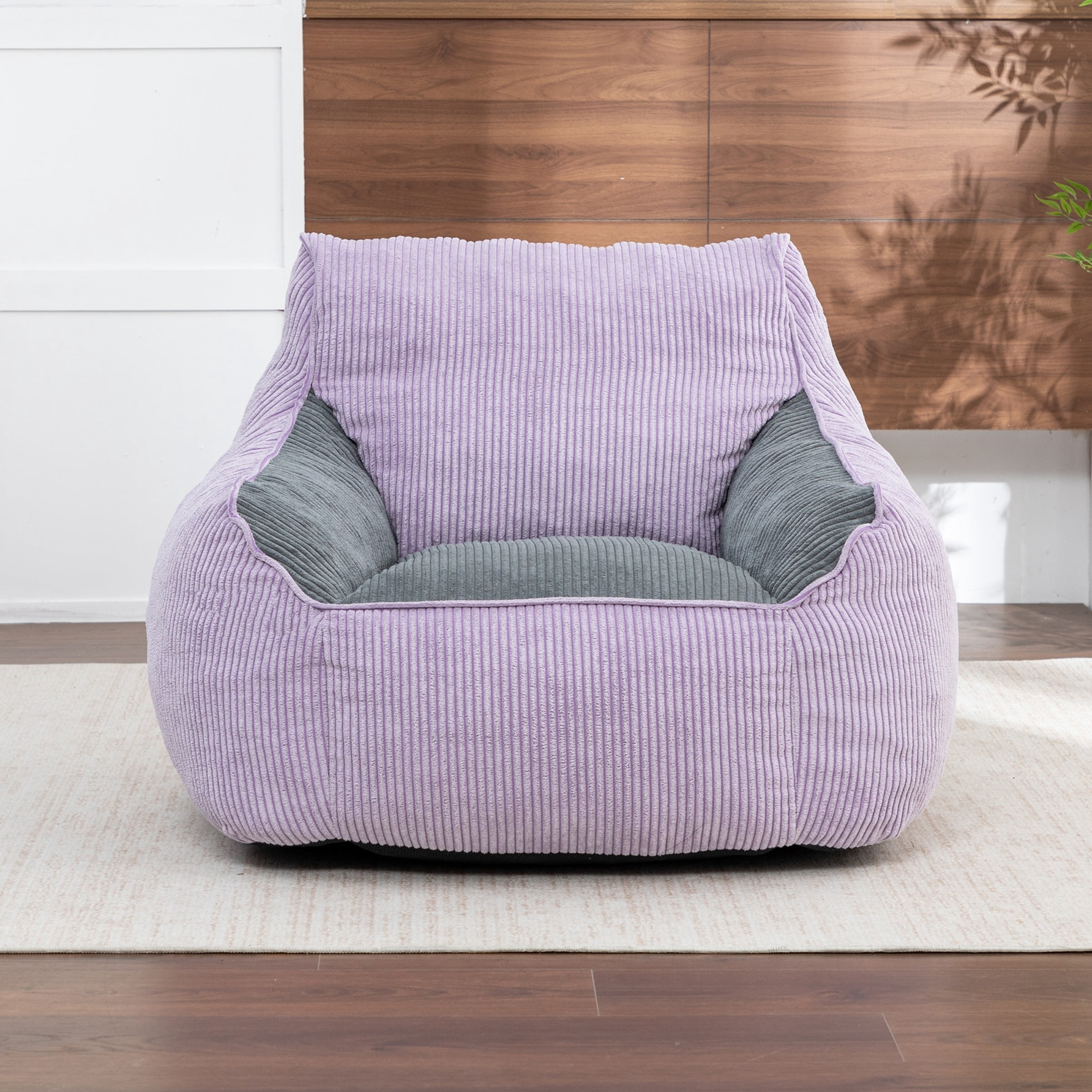 Giant Bean Bag Chair Sofa for Adults, Corduroy Bean Bag Couch with Armrests and Filler Included, Lazy Floor Chair for Living Room Bedroom, Purple