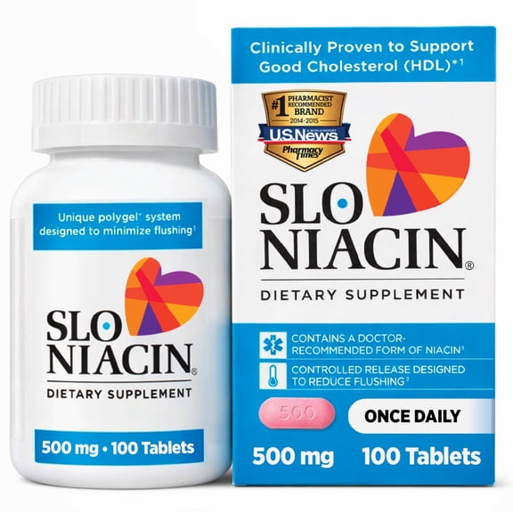 Slo-Niacin Slow Release Niacin 500mg – Vitamin B3 Supplement for Heart Wellness – Flush-Free B3 Vitamins for Cholesterol & Cardiovascular Support – 100 Tablets