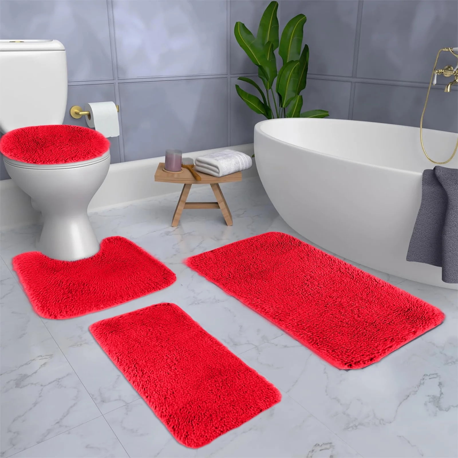 Pack of 4 Ultra Soft Plush Bathroom Rugs Set, 3 Bath Mats & 1 Toilet Lid Cover, Non-Slip Water Absorbent Shaggy Floor Carpets, Machine Washable Thickened Comfort Mats for Bathroom,