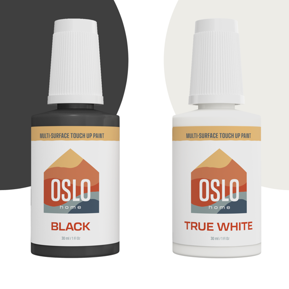 Oslo Home Touch Up Paint, True White and Black, two 1oz.,Matte, w/brush in bottle, for Home repairs, Kitchen Cabinets, Furniture