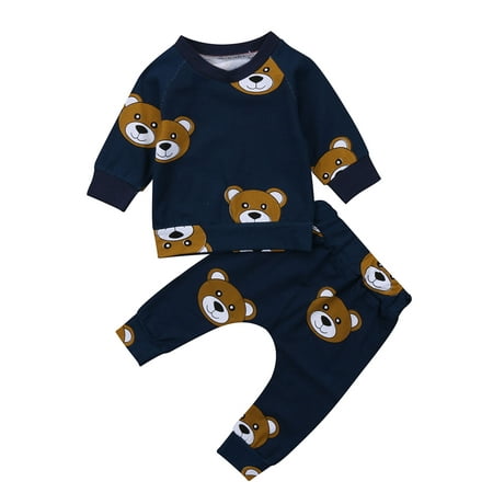 

Kuriozud Babys Cartoon Bear Printed Long Sleeve Round Neck Pullover Sweater Top Elastic Long Pants Fall Winter
