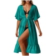 thumbnail image 2 of Pounoo Women's Beach Cover Ups V Neck Short Sleeve Chiffon Cover Ups Beach Vacation Style Lightweight Breathable Drawstring Waist Ruffle Hem Loose Fit Cover Ups Gift, 2 of 8