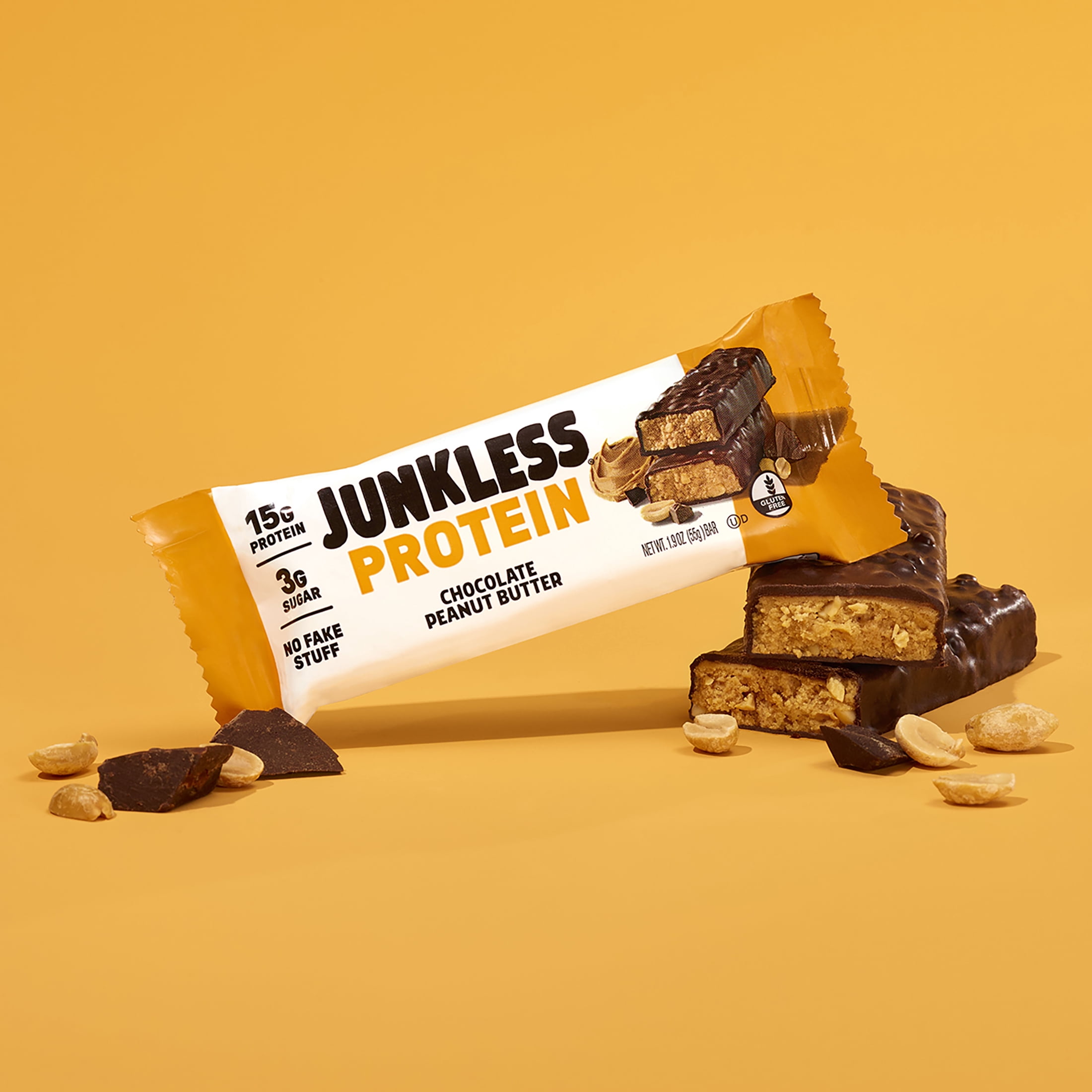 JUNKLESS Peanut Butter Chocolate Protein Bar, 15 g Protein, High Fiber, Gluten Free, 1.9 oz, 4 Count