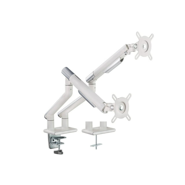 Amer Mounts Spring Assisted Dual Articulating Arm For 17"-32" VESA Monitors Arctic Edition - HYDRA2A, shown in a sleek white finish. Features dual monitor arms with a spring-assisted mechanism for smooth adjustments, detachable mounting plates for easy installation, and built-in cable management for a tidy workspace. Includes a clamp and grommet base for versatile mounting options. Designed for flat or curved monitors with 180° rotation stop and tension adjustment for secure positioning.