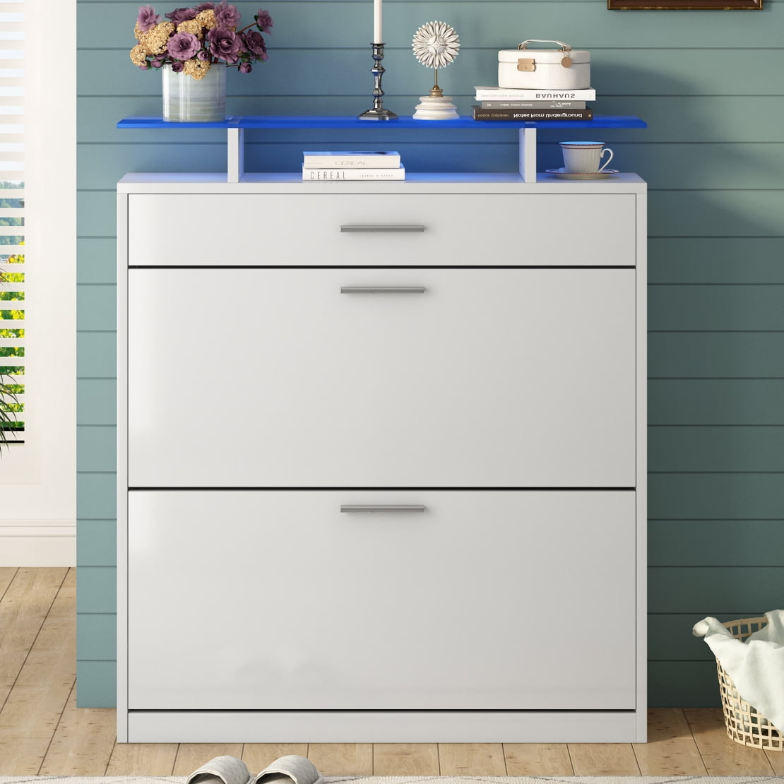 Shoe Cabinet Free Standing Shoe Rack with LED Light and 2 Flip Drawers Tempered Glass Top Storage Cabinet with 1 Slide Drawer Slim Entryway
