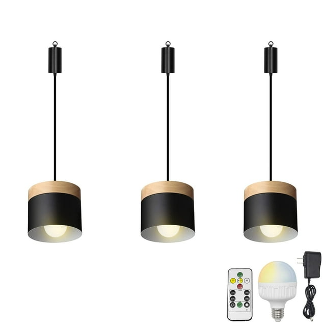 FSLiving Rechargeable Battery Operated Pendant Light with Sleeve&Round Hook RGB Mode Adjustable Wire Length Hanging Light Columnar Metal Black Shade Dimmable Lamp for Courtyard Nightstand - 3 Lights