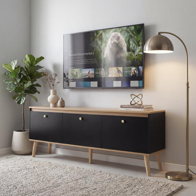 Mueble para TV 75” Centro de Entretenimiento con Repisas y Almacenamiento, Moderno de Madera Sala negro