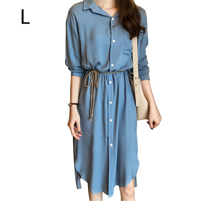 Vestido camisero Vestido midi de gasa transpirable con bolsillo informal de manga larga, Azul, L Noticed AP001472-08B