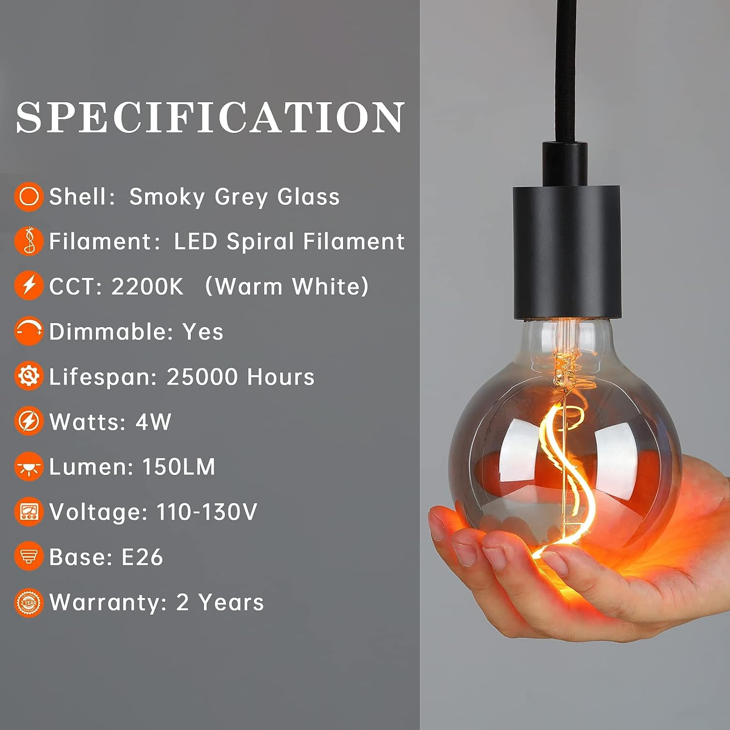 OMED G95/G30 Smoke Grey Large Globe Dimmable LED Edison Bulbs 2 Pack, 4W 2200K Warm White Mirrored Decorative Light Bulbs 40 Watt Equal, E26 Round Edison Bulbs for Bedroom Bathroom and Living Room