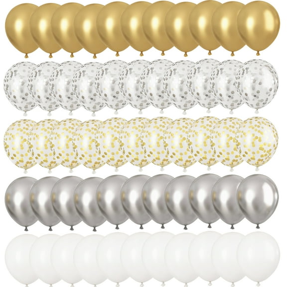 60 Pcs 12 Inch Gold and Silver Latex Balloons, Metallic Gold Silver and White Confetti Balloons for Birthday Baby Shower Engagement Anniversary Wedding Bridal Shower Graduation Decorations