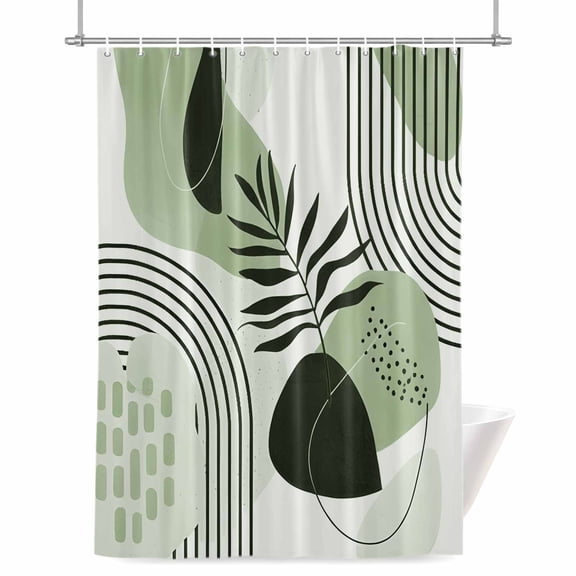 Sage Green Bohemian Shower Curtain, Abstract Geometric Black Lines Leaves Waterproof Shower Curtain Set with 12 Hooks Lightweight Bath Curtains Fabric Bathroom Decor 36x72 Inches