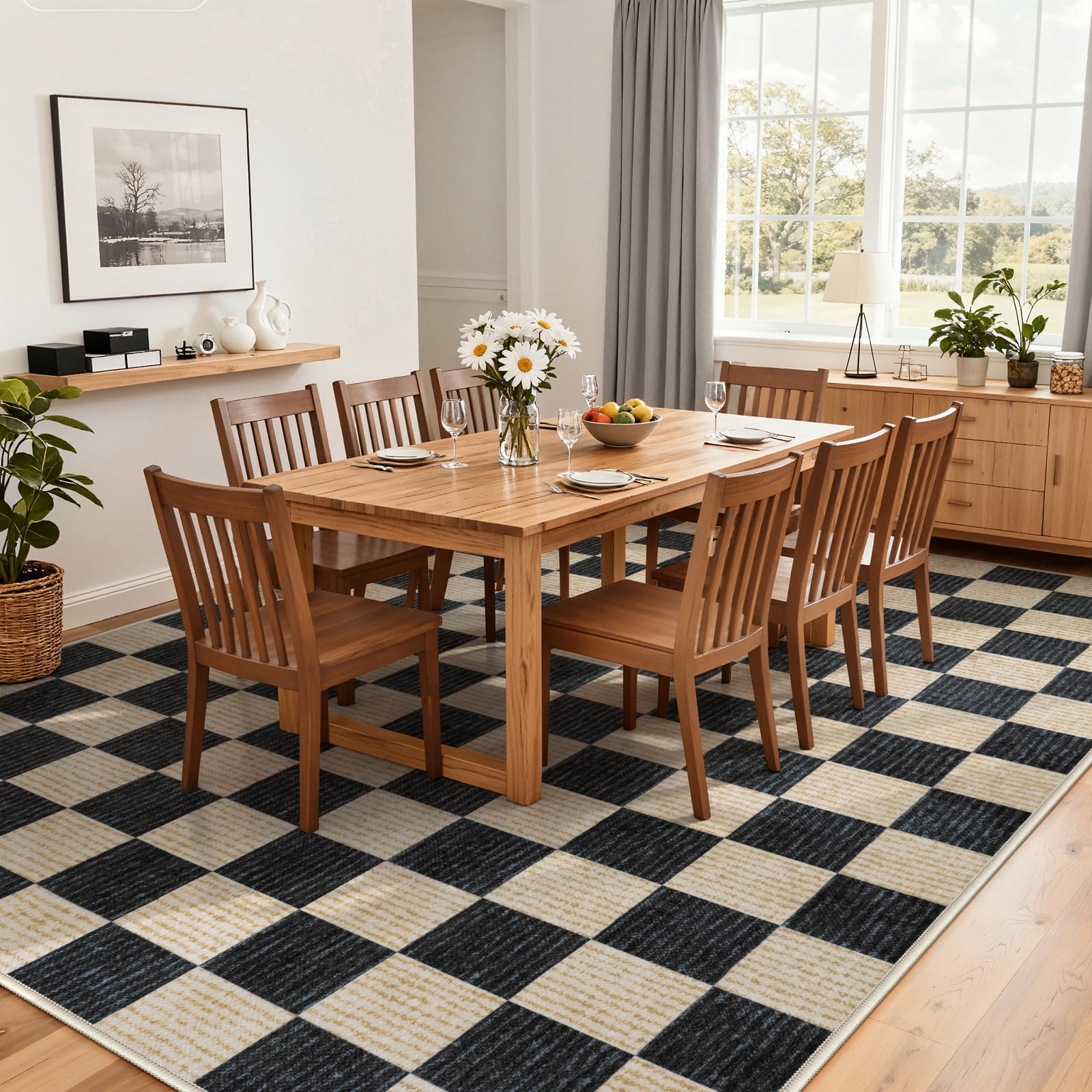 RUG ROBOT 5'x7' Area Rugs for Living Room, Washable Non-Slip Checkered Rugs for Bedroom, Dining Room, Soft Low-Pile Classic Farmhouse Geometric Indoor Large Accent Carpet, Black