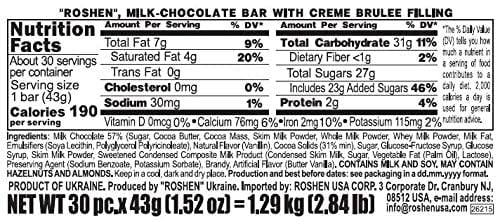 Roshen Sweet Milk Chocolate Bar with Cream-Brulee Filling, Kosher Pack of 30 (1.52 oz/43 grams)