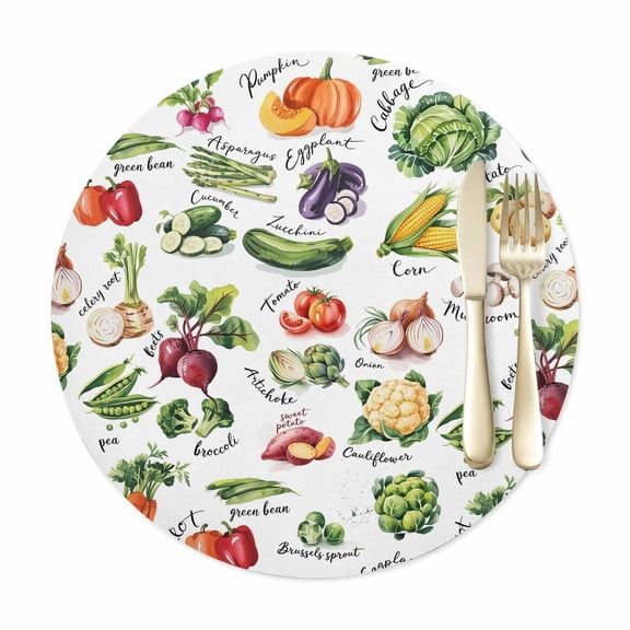Round Placemats Set of 1, Country Vegetables Faux Leather Placemat Waterproof Oil-Proof Wipeable Table Mats 12in, Rustic Farmhouse Plant Theme Washable Place Mats for Kitchen Dining Table Party