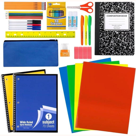 Trailmaker School Supplies Kit 45 Piece School Supply Kit Grades K-12 – Back to School Essentials Includes Folders Notebooks Pencils Pens and Much More!