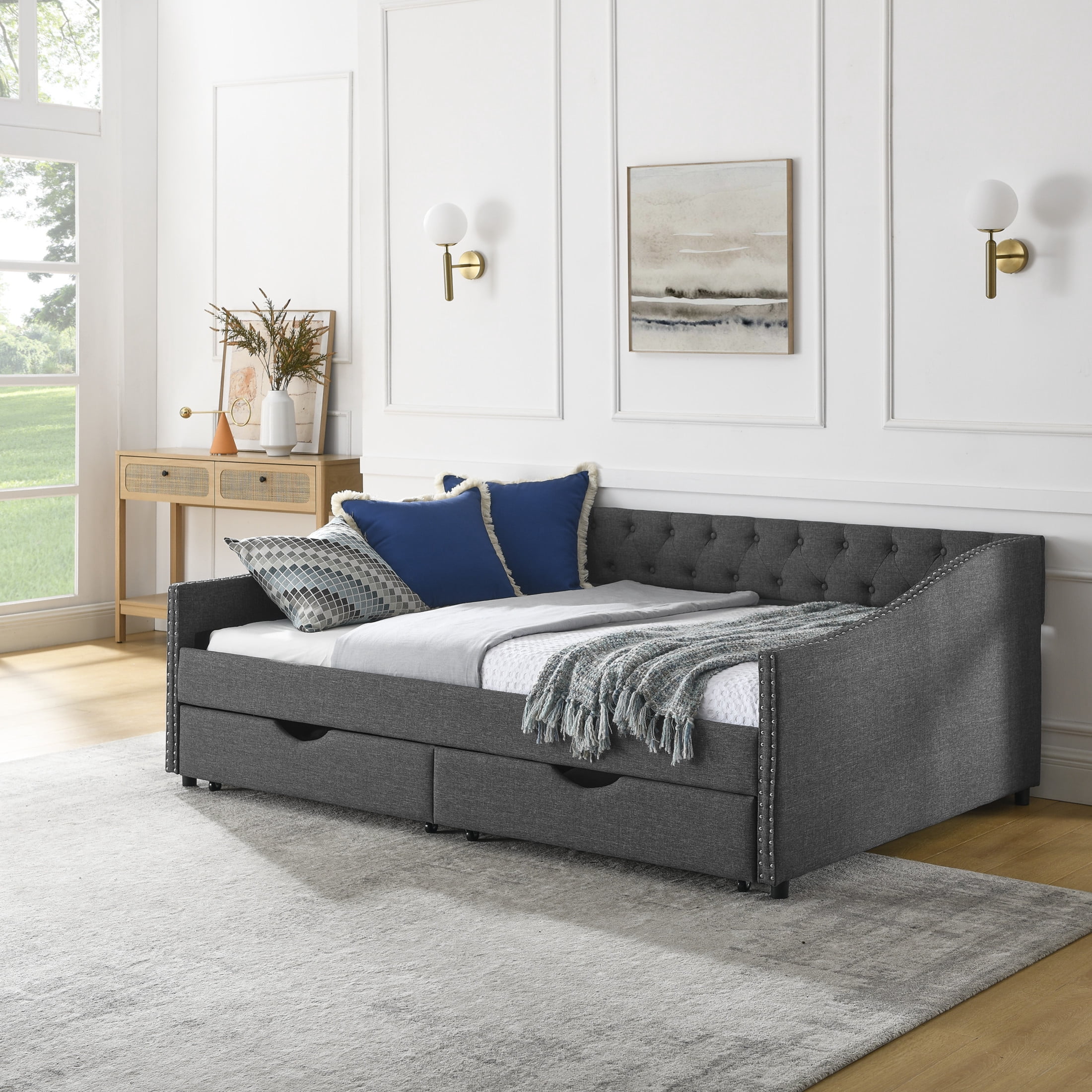 Noble House Brixo Full Size Daybed with Drawers, Linen Upholstered Tufted Sofa Bed with Nailhead Waved Arms, Dark Gray