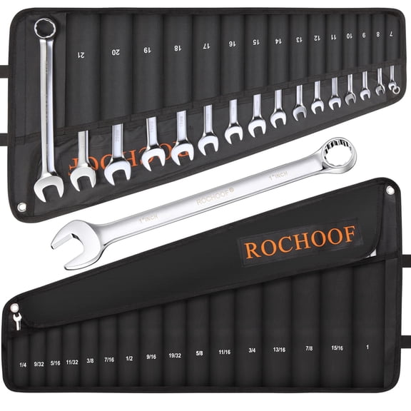 Combination Wrench Set,32-Piece Chrome Vanadium Steel Wrench Set 12-Point SAE & Metric Wrenches 1/4"-1" and 7-22mm with Rolling Pouch