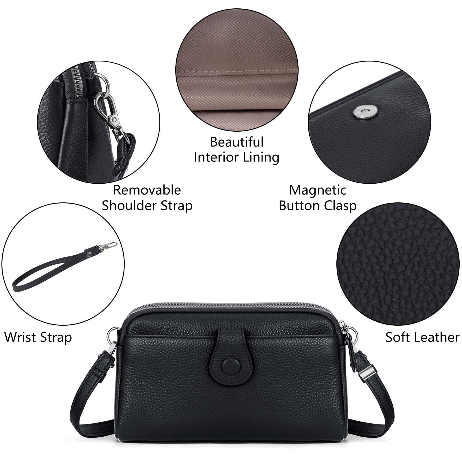 KAWELL Genuine Leather Wristlet Clutch Wallet Purses Small Crossbody Bags Shoulder Handbag for Women, Silver Zipper
