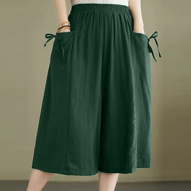 Meichang Womens Capri Culottes Cotton Linen Palazzo Pants Elastic Waist Loose Baggy Wide Leg Pants Summer Casual Lounge Capri Pant Novelty Skirt Pant with Pockets