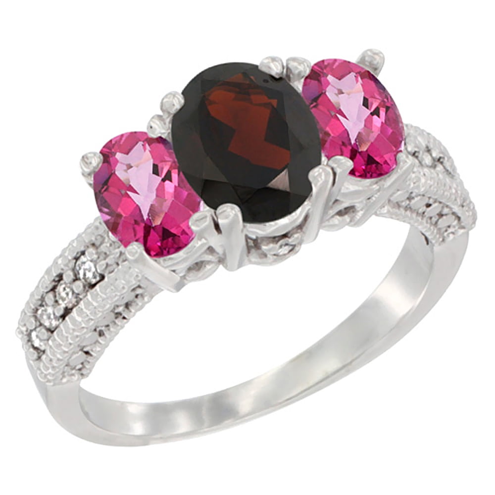 14K White Gold Diamond Natural Garnet Ring Oval 3-stone with Pink Topaz, sizes 5 10 by WorldJewels