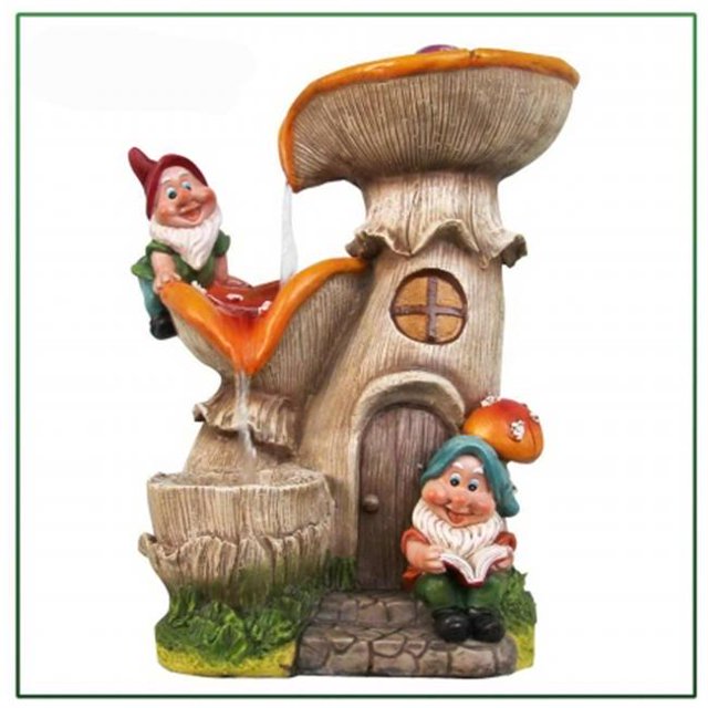 Two Gnomes with Two-tier Mushroom House Water Fountain