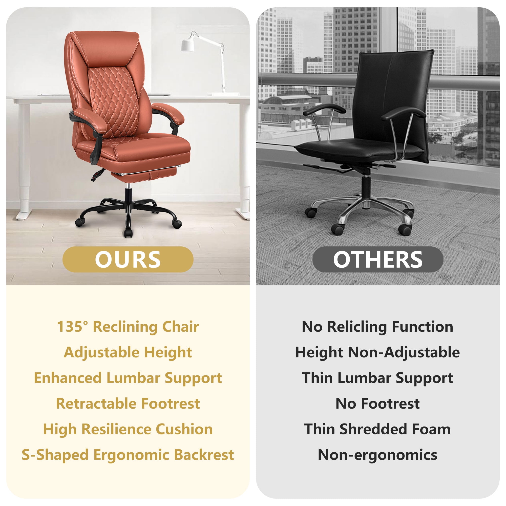 Primy Office Chair with Retractable Footrest, Ergonomic High Back Executive Computer Desk Chair, Big & Tall PU Leather Reclining Chair for Home Office Work