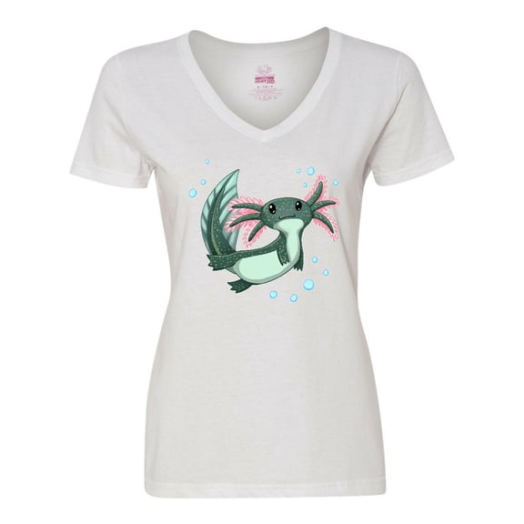 Inktastic Cute Axolotl Swimming with Bubbles Women's V-Neck T-Shirt