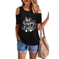 thumbnail image 2 of ABPHQTO Camiseta negra con gráfico de hombros descubiertos con estampado de conejito de Pascua feliz para mujer, 2 of 5