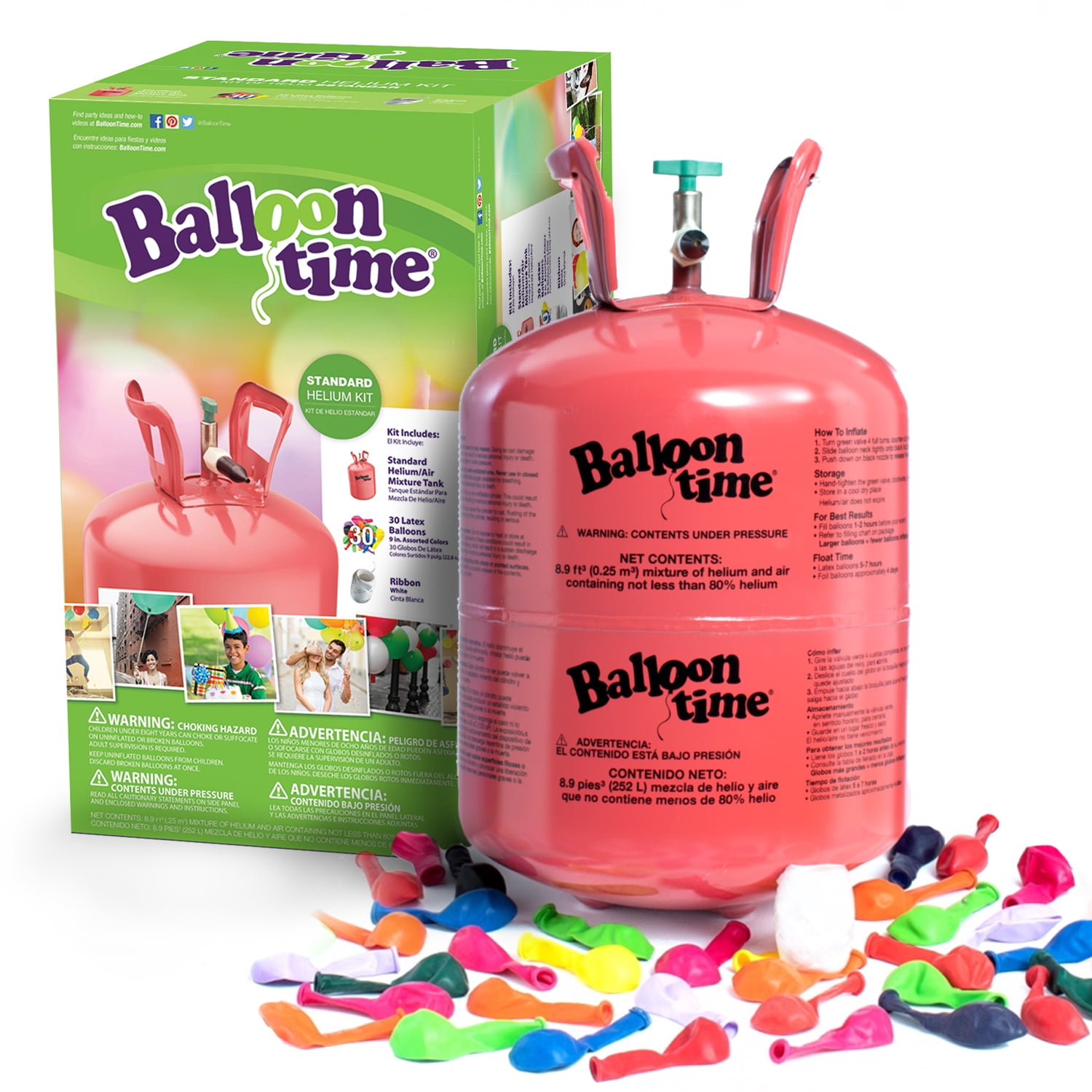 Balloon Time 9.5in Helium Tank Kit (Includes 30 Assorted Latex Balloons and White Ribbon) - Walmart.com