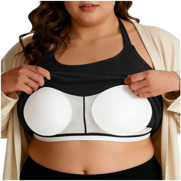 Nfurl Women's Plus Size Built in Bra Tank Tops Fitted Layering Halter Shelf Bra Tank Tops for Women Ribbed Going Out Sleeveless Tshirts Black,XXXXL