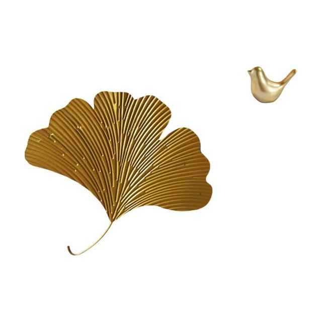 Esculturas de pared de hojas,Esculturas de pared de hierro forjado con hojas de ginkgo,Escultura de pared con hojas de ginkgo para colgar,Figura de pájaros,Figura de pájaro dorado,decoración